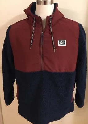 Hurley XL Men Sherpa Fleece Jacket 1/2 Zip 2 Pockets Burgundy Blue Hooded - Image 1 of 4