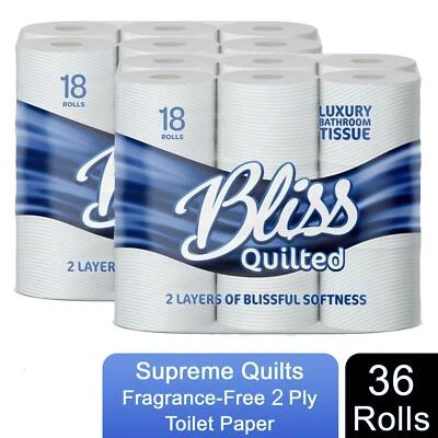 36 x Bliss Luxury Quilted Super Quality 2-Ply Bathroom Toilet Tissue Paper Rolls