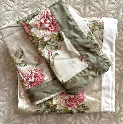 Holly Linens Full/Queen Duvet Cover Floral Peony Rose Satin Border Made USA - Image 1 of 4