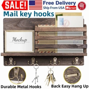 Wall Mounted Mail and Key Holder Wooden Mail Sorter Organizer w/ 4 Double Hooks - Picture 1 of 8