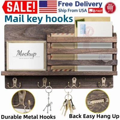 Wall Mounted Mail and Key Holder Wooden Mail Sorter Organizer w/ 4 Double Hooks - Image 1 of 4