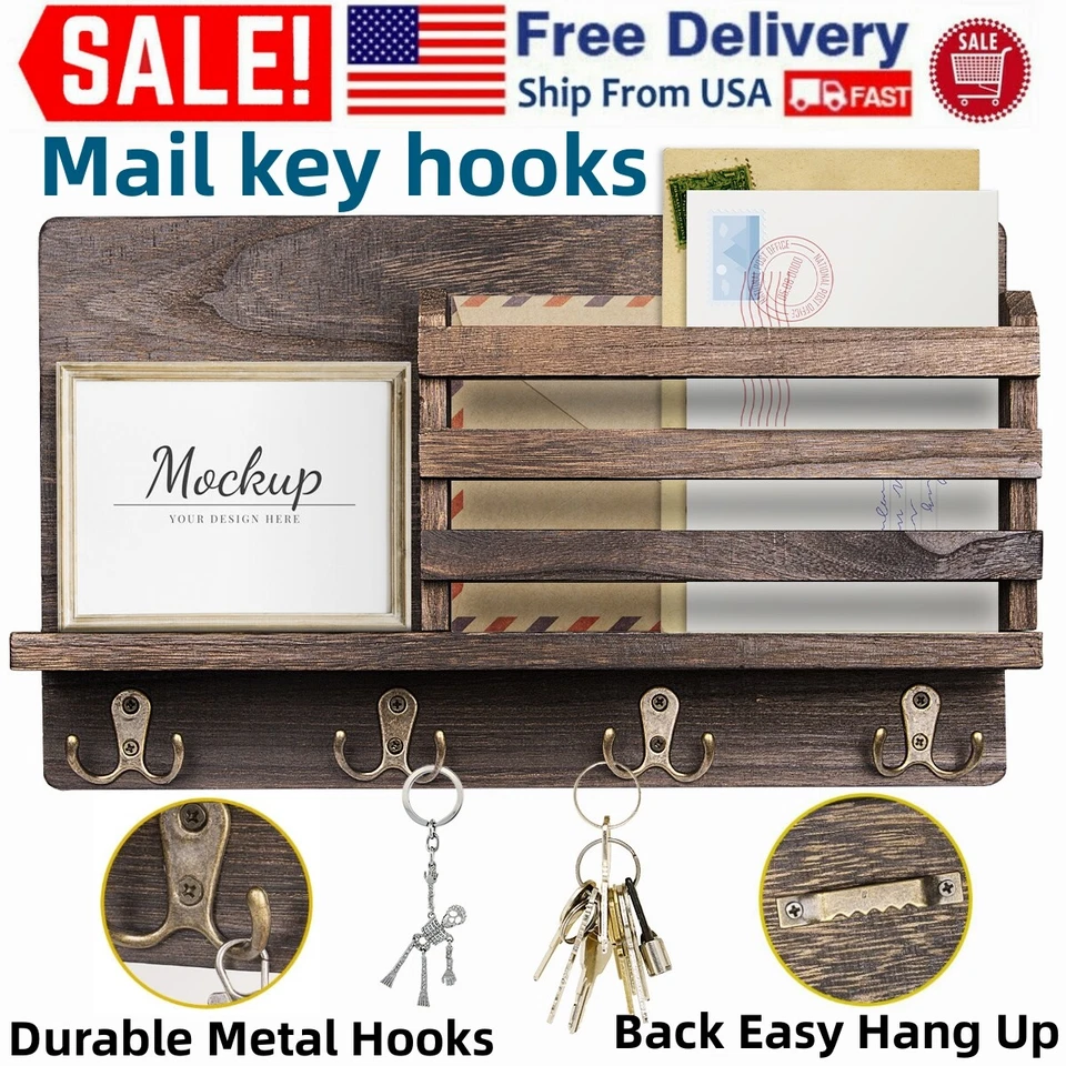 Wall Mounted Mail and Key Holder Wooden Mail Sorter Organizer w/ 4 Double Hooks - Image 1 of 4