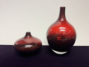 2 Ikea Ruby Red Art Glass Vases-Narrow Neck-4” &  8”-Excellent Cond.