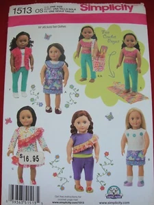Simplicity 1513 18" Doll Clothes NEW UNCUT Sew pattern BAG Skirt Top Pants Shirt - Picture 1 of 1