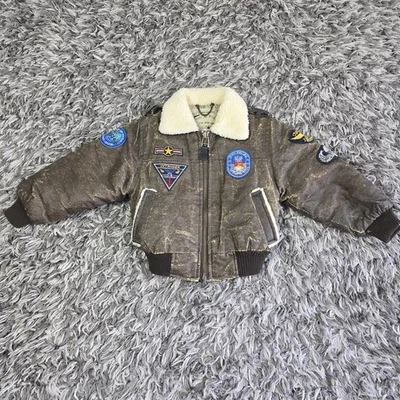 Vintage Top Star Flight Jacket Boys 4 Brown Sherpa Bomber Air Force Patches 80s - Image 1 of 3
