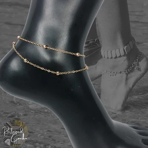 Simple Beads Charms Gold Tone Double Strand Dainty Chain Link Adjustable Anklet - Picture 1 of 4