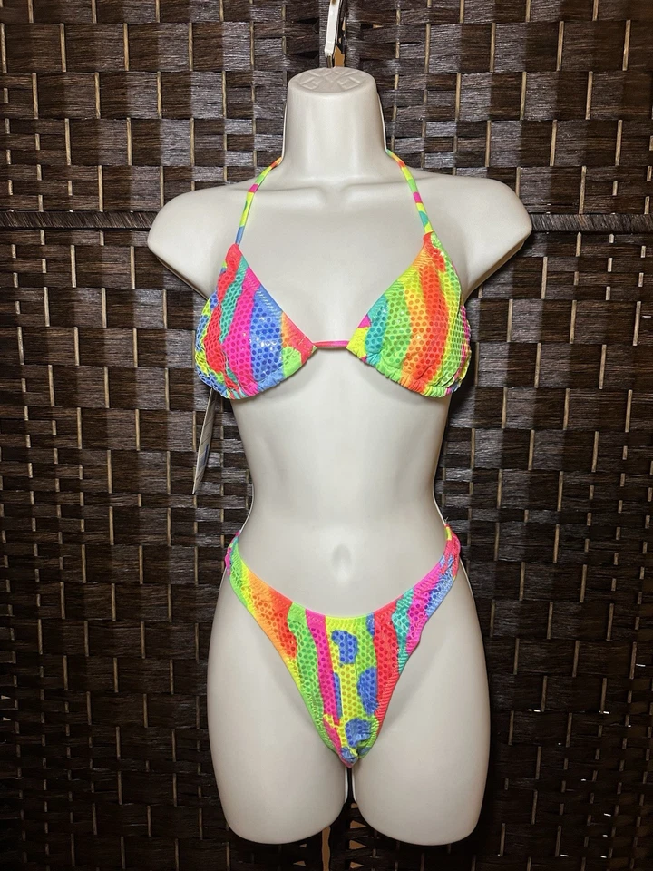 Conjunto de traje de baño vintage años 90 Ritchie bikini nuevo con etiquetas lentejuelas neón corte alto talla 11/12 EE. UU.  Foto 1 de 4