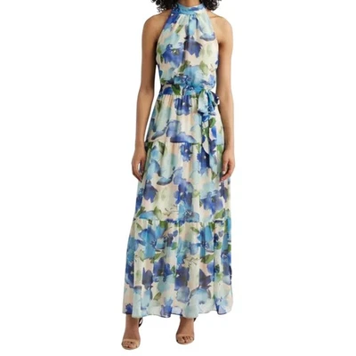 NUEVO Maxi Vestido Julia Jordan de Gasa Talla 6 Estampado Floral Halter Corbata en Niveles Multi Foto 1 de 4