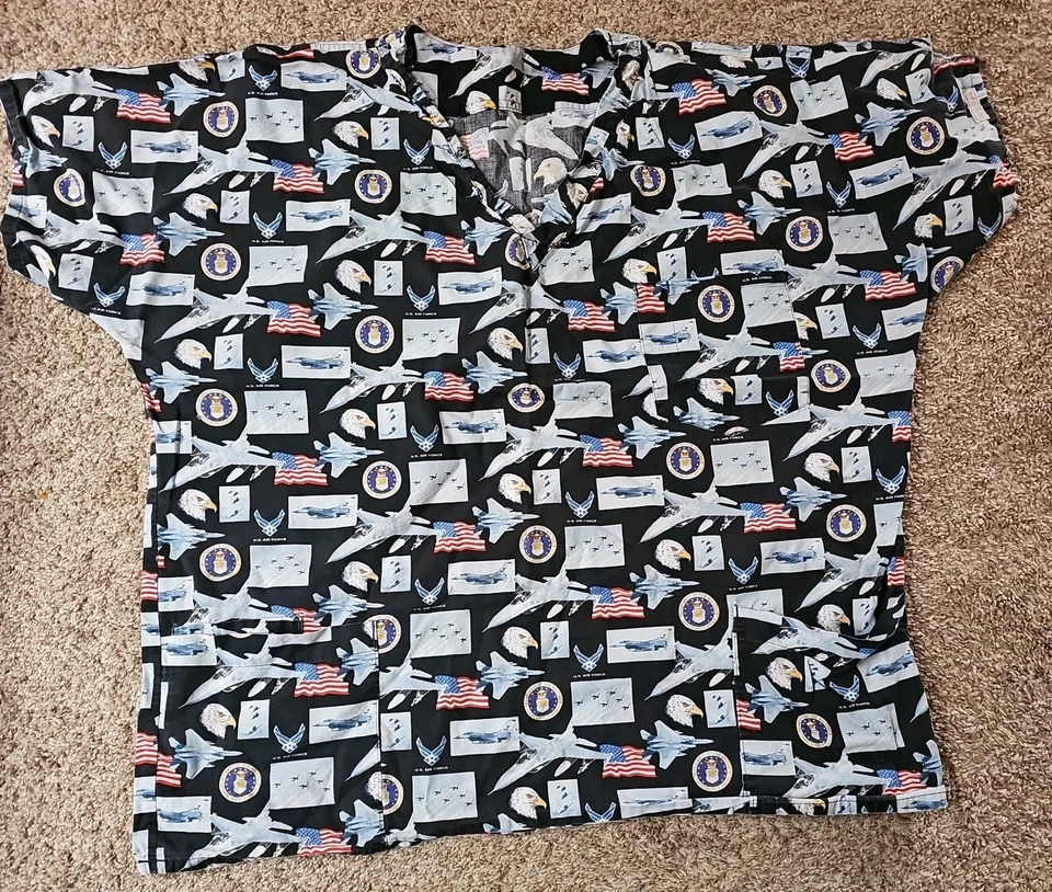 Homemade U.S. Air Force Print Size 2XL Scrub Top 3 Pockets Planes Eagle Emb - Image 1 of 2