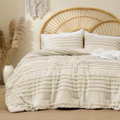 Boho Comforter Set Queen Size, Beige Tufted Striped Bed Set 3 Pieces, Soft Vi... - Image 1 of 4