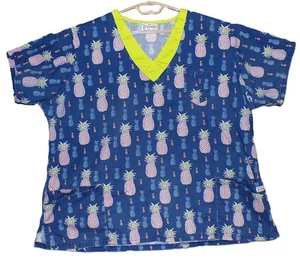 Blusa Médica Estampada de U para Mujer con Estampado de Piña Azul Marino Verde Bolsillos Bordados - Imagen 1 de 8