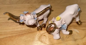 Vintage 2 Walker Hagen Renaker 1950s Pink Bisque Holy Bull & Cow Figurine As Is - Picture 1 of 6