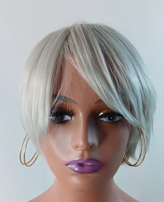 Women's minimalist short synthetic Straight Pixie cut white hair wig 12" - Image 1 of 4