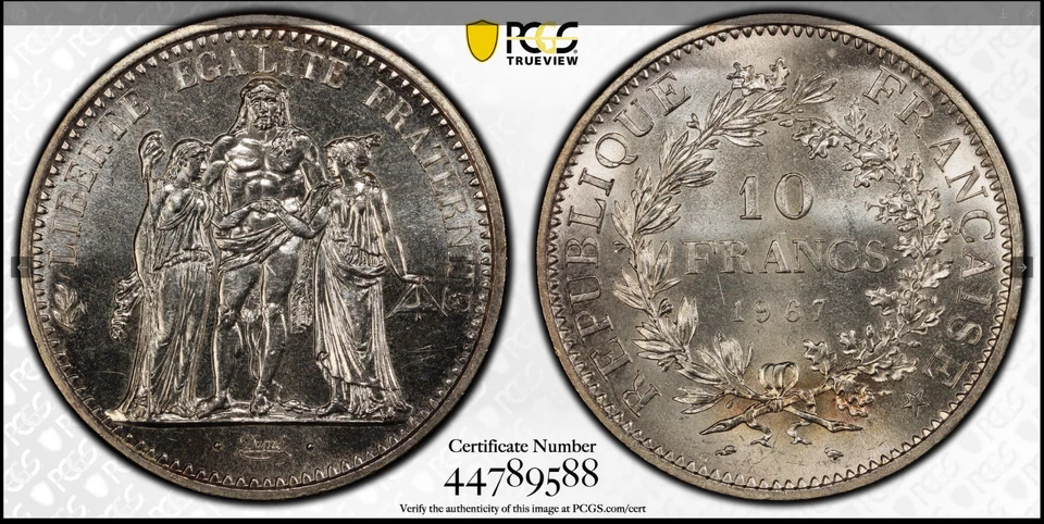 :1967(A) 10-FRANCS FRANCE KM#932 PCGS MS64 HERCULES GROUP LOW-POP R7 HIGH-GRADES - Image 1 of 2