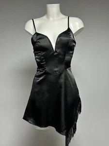 Ex TFNC Ladies Gypsy Black Satin Mini Dress With Fringe Detail size 6/8 RRP £42 - Picture 1 of 6