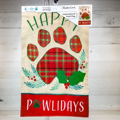 Happy Pawlidays Plaid Paw Print Dog Lover Two Sided Garden Flag 18 x 11.5" NEW - Image 1 of 4