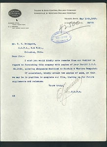 Toledo & Ohio Central Railroad 1910 letter signed by Edgar L. Jamison - New York - Picture 1 of 1