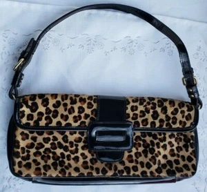 HANDBAG; CACHE BLACK PATENT LEATHER & LEOPARD PRINT COWHIDE ADJUSTABLE BAG; NEW - Picture 1 of 4