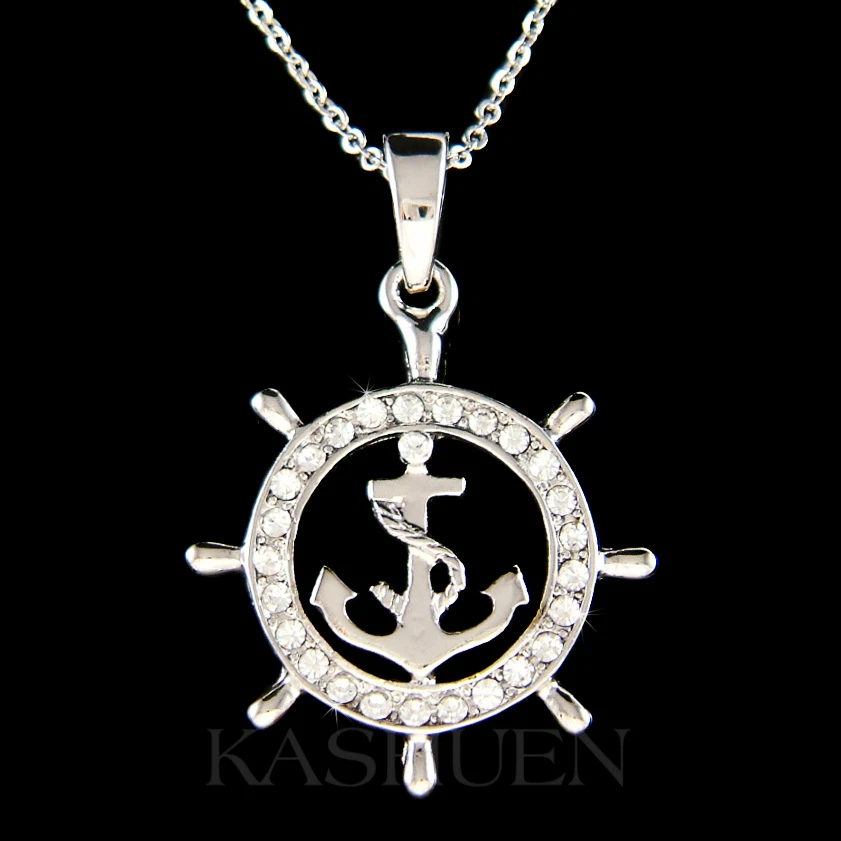 ~YACHT ANCHOR Wheel made with Swarovski Crystal Nautical Sailing Marine Necklace - Image 1 of 1