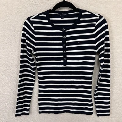 Tommy Hilfiger Henley Mujer M Azul Blanco Rayas Manga Larga Camiseta Costera Foto 1 de 4