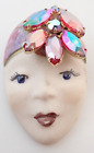 Vintage Signed Porcelain Hand Painted Lady Face Rhinestone Jeweled Brooch Pin