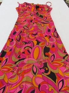 VESTIDO DE SATÉN ZACK FAB FUNKY AÑOS 60 PATRÓN ROSA NARANJA TIRAS MAXI LARGO UK 10 - Imagen 1 de 19