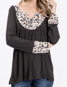 Doublju Contrast Yoke Button Detailed Long Sleeve Top Soft Breathable Size Large - Picture 1 of 4