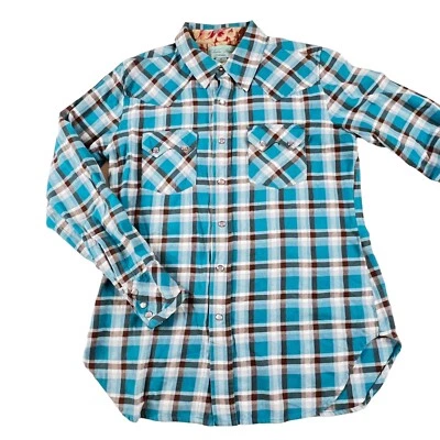 Tasha Polizzi Collection Sz M Flannel Shirt Teal Plaid Saddleblanket Pearl Snap - Image 1 of 4