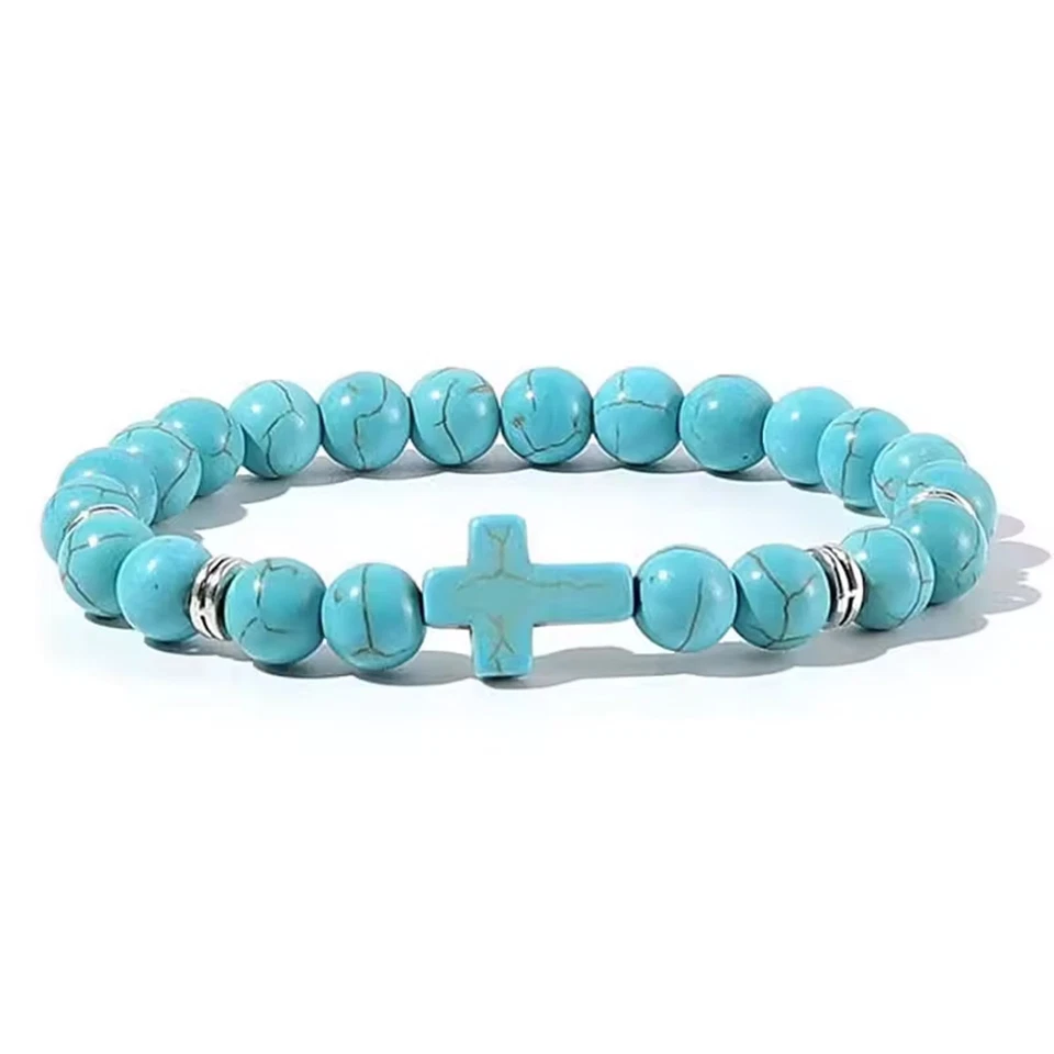 Pulsera Cruz Turquesa Mujer Hombre Piedra Natural Cuentas Fortuna, Protección, Curación Foto 1 de 1