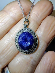 Collana con ciondolo zaffiro argento sterling 925 cabochon blu vintage ovale - Foto 1 di 18