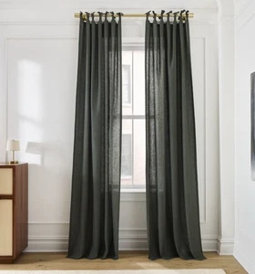 European Flax Linen Curtain W/Tie Top in Olive Melange - Picture 1 of 4