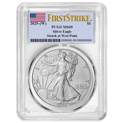 Etiqueta de bandeira 2025 (W) $1 American Silver Eagle PCGS MS69 FS - Imagem 1 de 2
