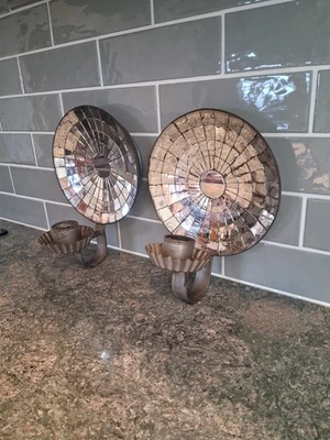 Par de apliques reflectores de velas de pared de estaño espejado con mosaico de 19c Foto 1 de 4