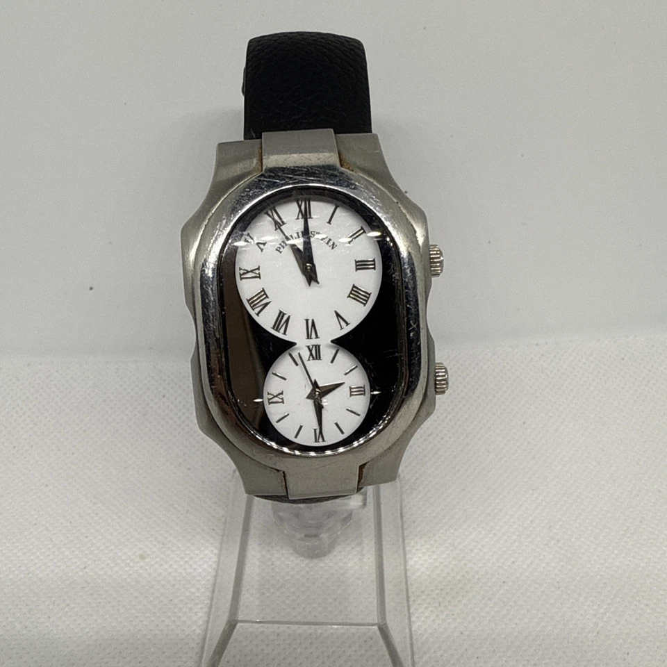 Reloj Philip Stein Teslar Doble Zona Horaria Acero Correa Cuero Negro Foto 1 de 4