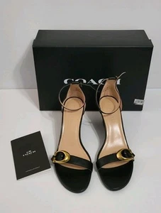 Coach Shoes Black Leather Odetta Wedge Strappy Sandal Gold C Accent Size 9.5B - Picture 1 of 15