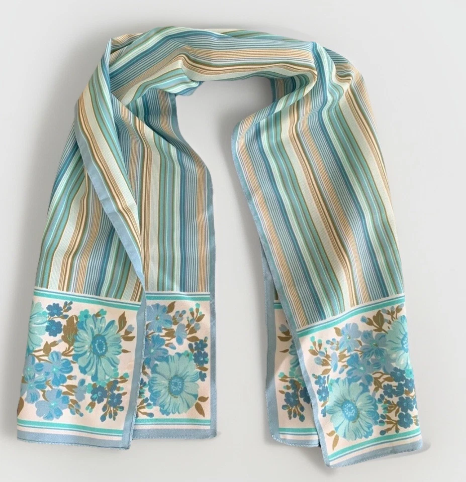 Bufanda de seda Glentex vintage preciosas flores a rayas verde azulado al final. 43" X 12.5" Foto 1 de 4
