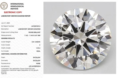 Lab Grown Diamond Round 5.51 E VVS2 IGI Certified for Engagement Ring Gift - Image 1 of 4