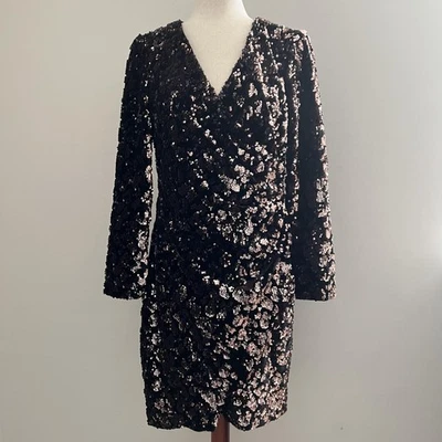 Vestido Julia Jordan 10 Negro Rosa Dorado Lentejuelas Envolvente Manga Larga Cóctel Formal Foto 1 de 4