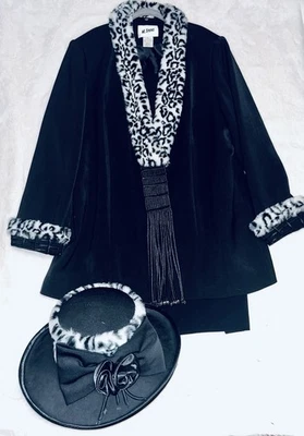 ML Studio Black Faux Fur Leopard Print Trim Dress Suit With Hat - Изображение 1 из 4