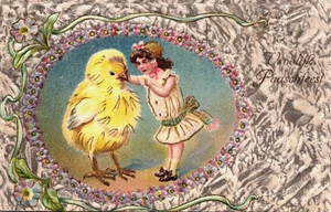 Happy Easter Girl with a Easter Chick Embossed Vintage Postcard B275 - Picture 1 of 2