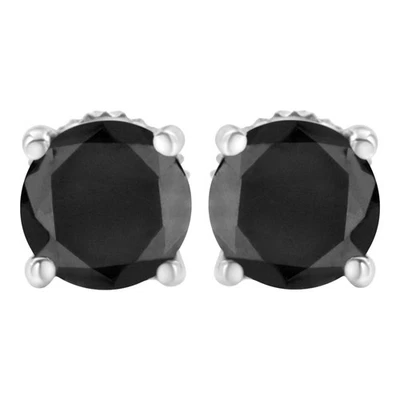 Round Black Diamond 4-Prong Silver Solitaire Stud Earrings with Screw Backs - Image 1 of 2