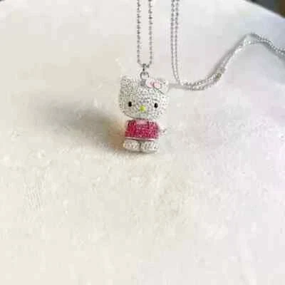Pingente Hello Kitty de safira rosa simulado corte redondo 2 quilates folheado a ouro branco 14K - Imagem 1 de 4