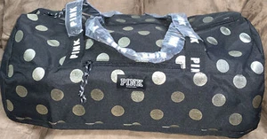 VS PINK DUFFEL BAG BLACK/GOLD POLKA DOTS 21” SUPER CUTE!! - Picture 1 of 3