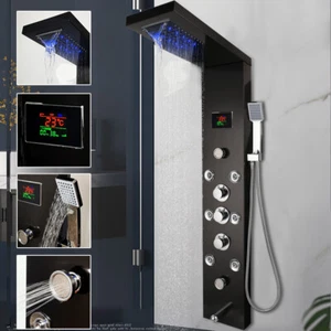 Panel de ducha LED negro para baño pantalla digital chorros de masaje de mano pulverizador grifo - Imagen 1 de 10
