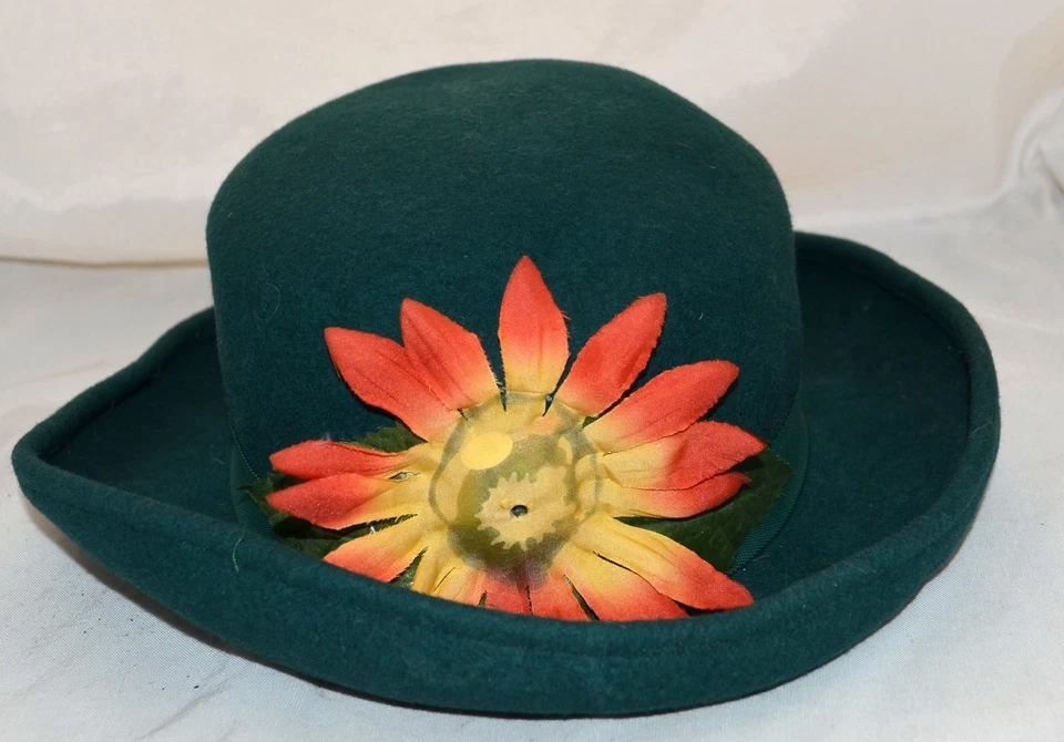 Sombrero de lana de fieltro vintage Bollman Delisa Korn & Korn verde naranja margarita Doeskin M Foto 1 de 4