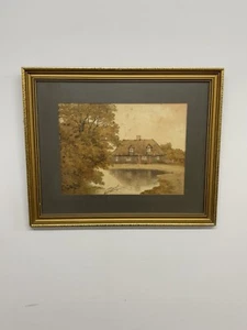Vintage Framed Watercolour – Thatched Cottage by a Lake, Countryside Scene - Foto 1 di 15