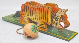 Vintage Wooden Tiger Ball Toy Figurine Original Old Hand Crafted Painted - Picture 1 of 7