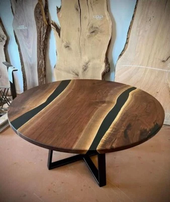 Round Black Epoxy & Brown Walnut Wood Table – Live Edge Dining or Sofa Table | C - Image 1 of 4