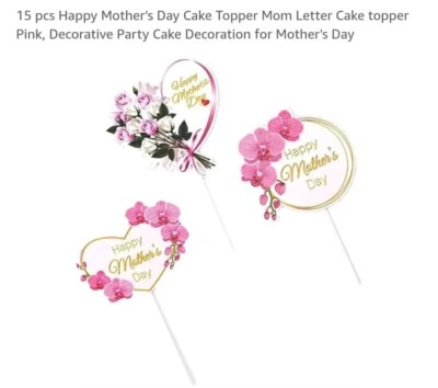 Pacote com 15 enfeites de bolo, dia das mães, rosa - Imagem 1 de 4