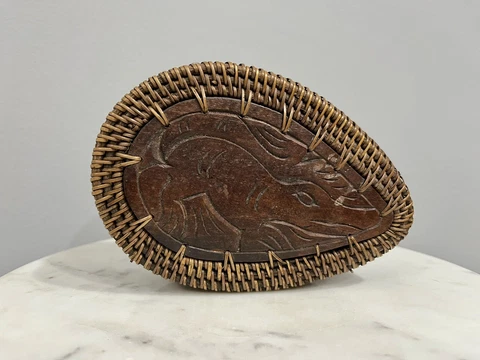 Woven Wooden Teardrop Egg Shaped Lidded Animal Trinket Box Made in Indonesia Cover